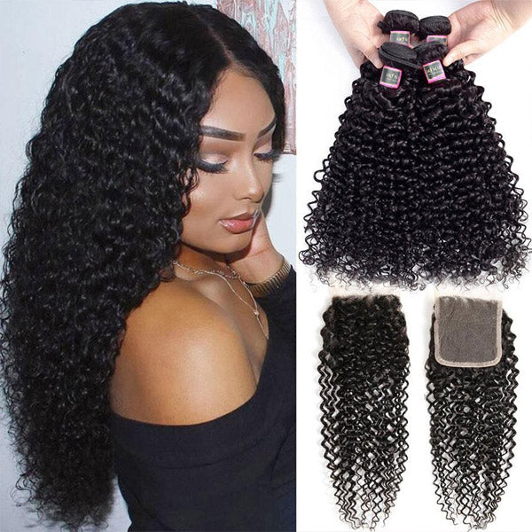 Thick Kinky Curly Human Hair 4 Bundles with 4*4 Lace Clsoure Natural Black