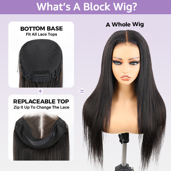 Block Wig Straight Hair Bleached Knots Wig With Optional Replaceable Zip Lace Tops