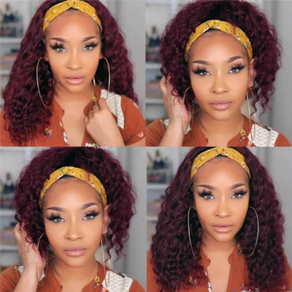 99J Curly Headband Wig Human Hair No Gel No Glue Water Wave Wig with Free Headband 180% Density