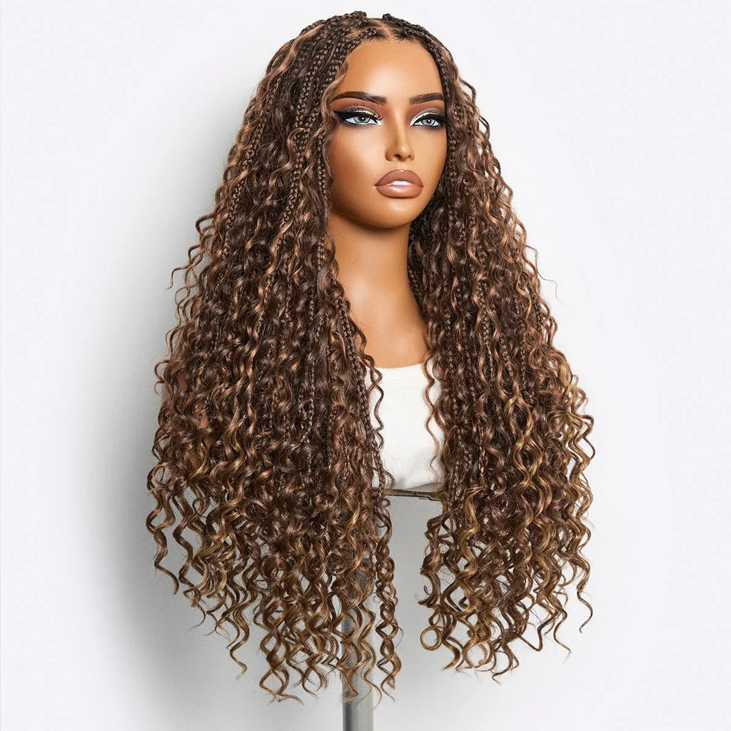 Readitress™ Light Weight Flexi-Fit Invisi Drawstring Cap Full Lace Knotless Boho Curls Braided Long Wig Super Natural Scalp