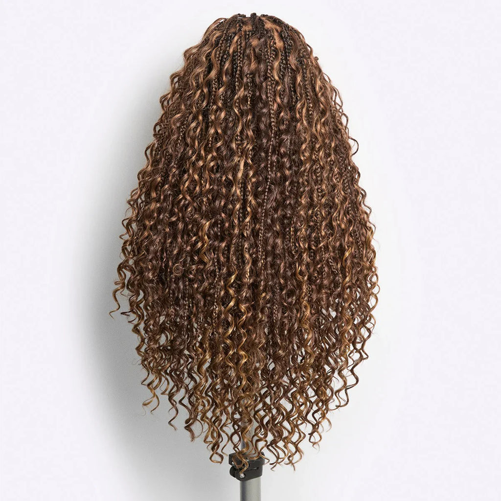 Readitress™ Light Weight Flexi-Fit Invisi Drawstring Cap Full Lace Knotless Boho Curls Braided Long Wig Super Natural Scalp