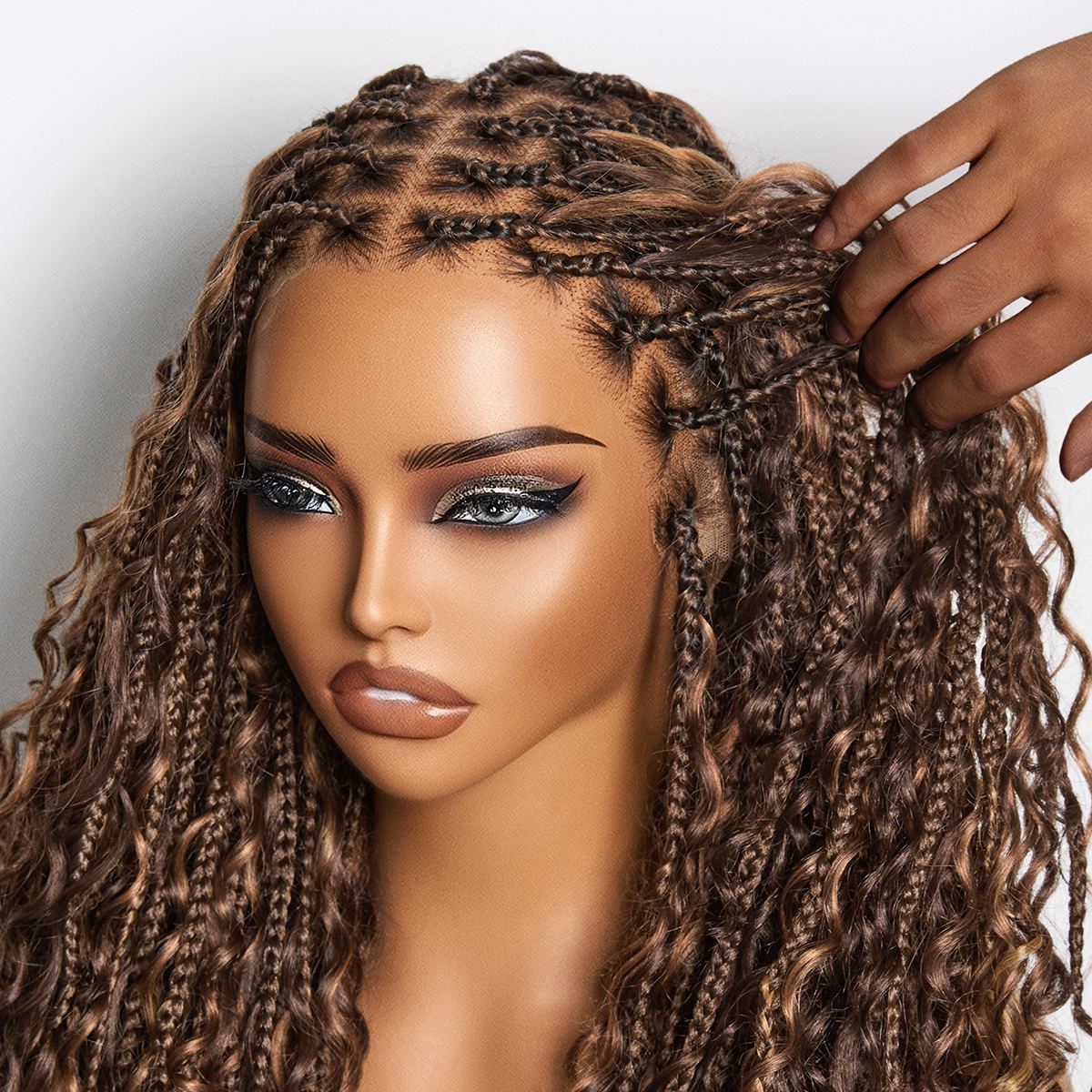 Readitress™ Light Weight Flexi-Fit Invisi Drawstring Cap Full Lace Knotless Boho Curls Braided Long Wig Super Natural Scalp