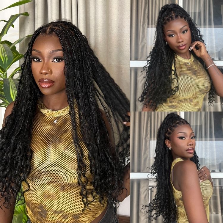Mix Blonde / Natural Black Light Weight Flexi-Fit Invisi Drawstring Cap HD Full Lace Knotless Boho Curls Braided Long Wig Super Natural Scalp