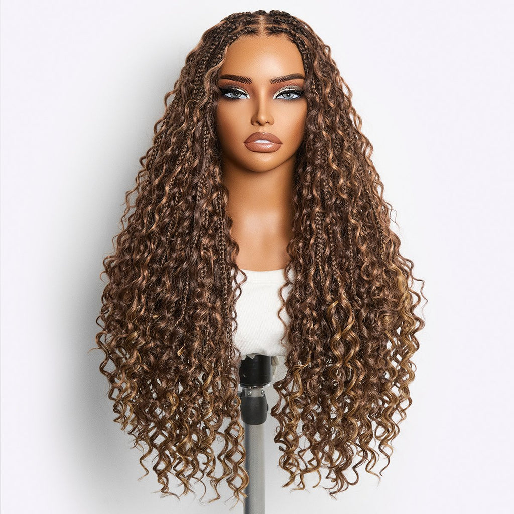 New Customers Only | Light Weight Flexi-Fit Invisi Drawstring Cap Full Lace Knotless Boho Curls Braided Long Wig Super Natural Scalp