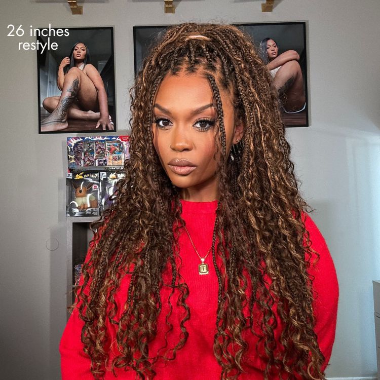 Mix Blonde / Natural Black Light Weight Flexi-Fit Invisi Drawstring Cap HD Full Lace Knotless Boho Curls Braided Long Wig Super Natural Scalp