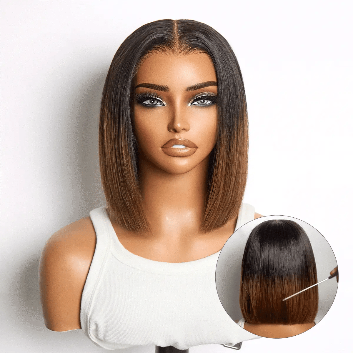 Ombre Brown Silky Blunt Cut Bob Glueless 7x6 Closure HD Lace Wig Pre-Cut Lace