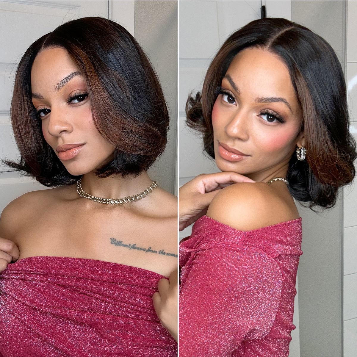 Blonde Highlight / Brown Highlight Short Layered Bob Wig Glueless 5x5 Closure Pre-Cut Lace Wig