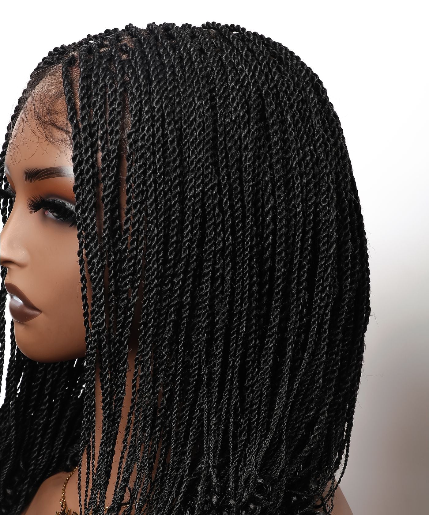 Tina - Senegalese Mini Twist Braided Wig 14" Full Hand-tied HD Lace With Curly Ends - Human Baby Hair