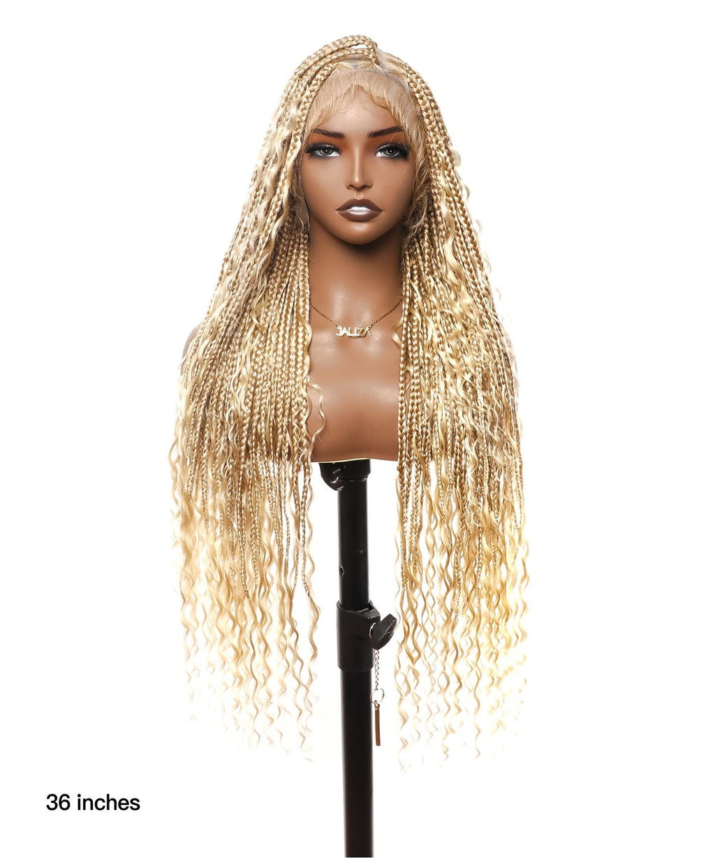 613 Color Square Base Human Hair Boho Curls Full Lace Knotless Boho Box Braided Wig 36" 86 Strands