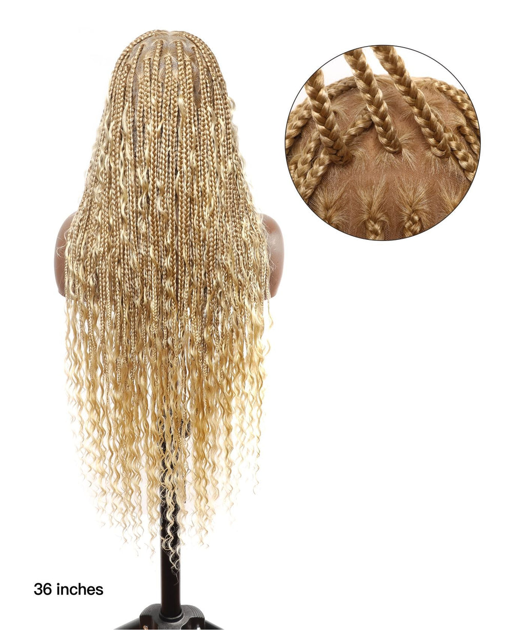 613 Color Square Base Human Hair Boho Curls Full Lace Knotless Boho Box Braided Wig 36" 86 Strands