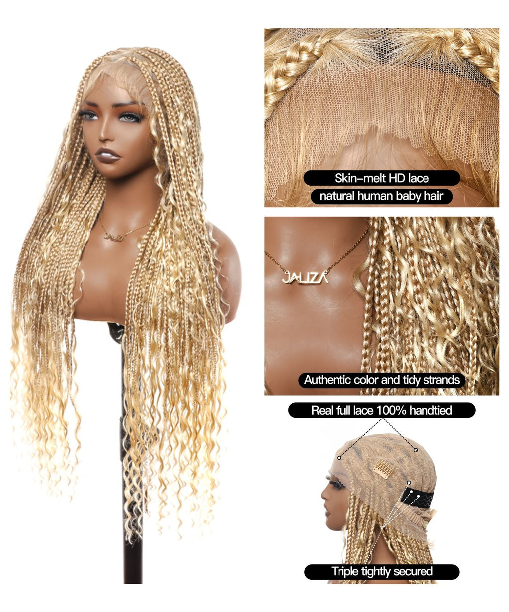 Full Transparent Lace Human Hair Boho Curls Knotless Boho Box Braided Wig 86 Strands