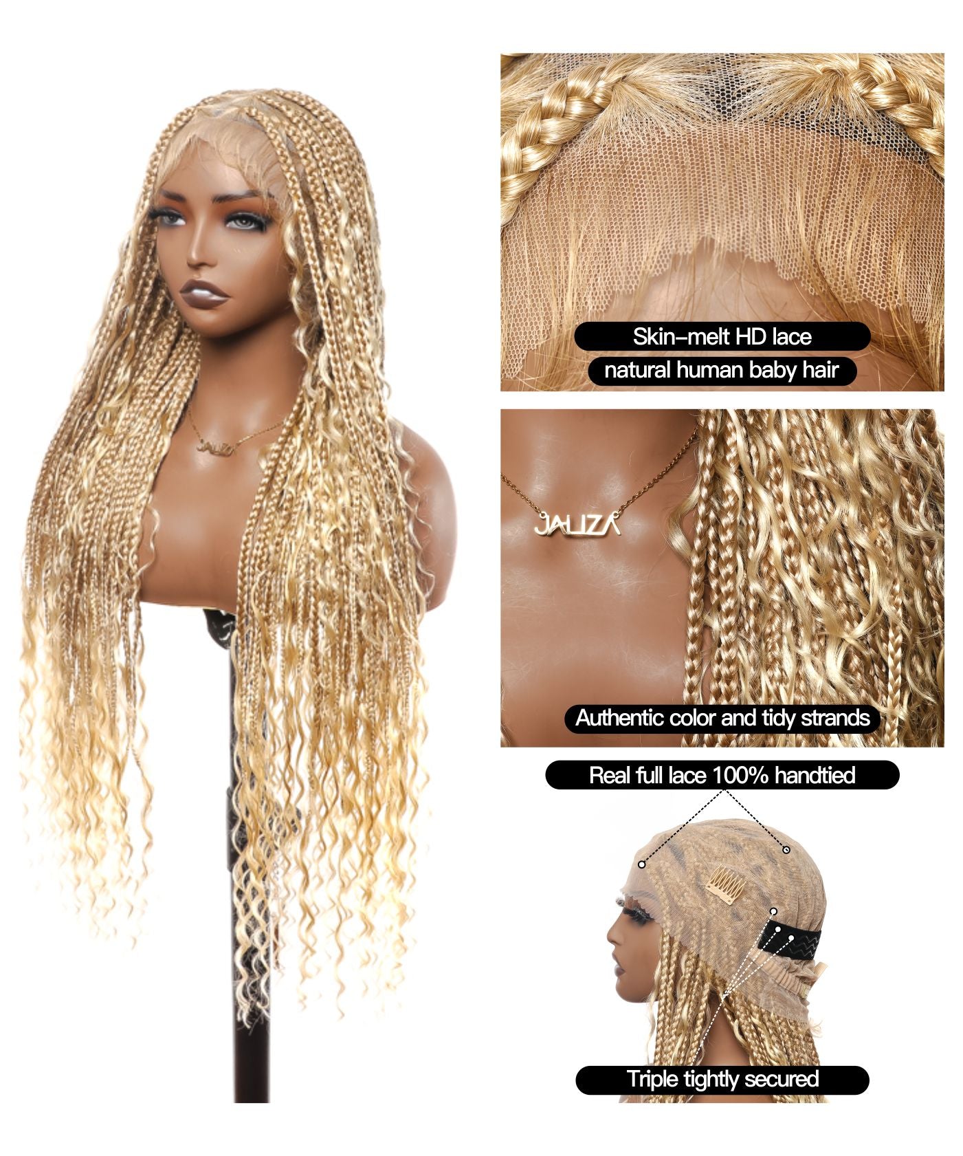 Full Transparent Lace Human Hair Boho Curls Knotless Boho Box Braided Wig 86 Strands