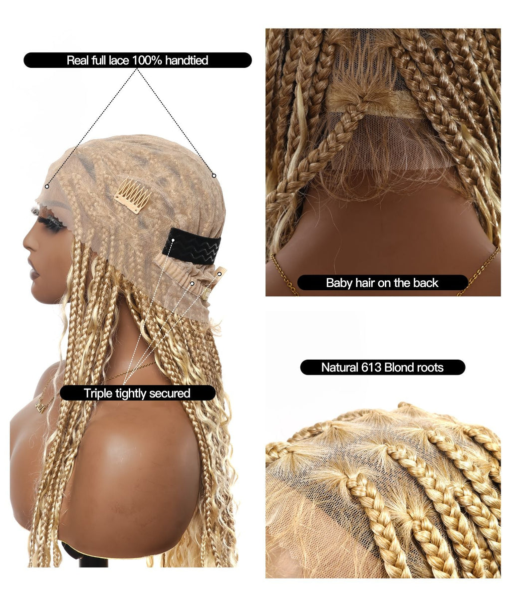 Full Transparent Lace Human Hair Boho Curls Knotless Boho Box Braided Wig 86 Strands