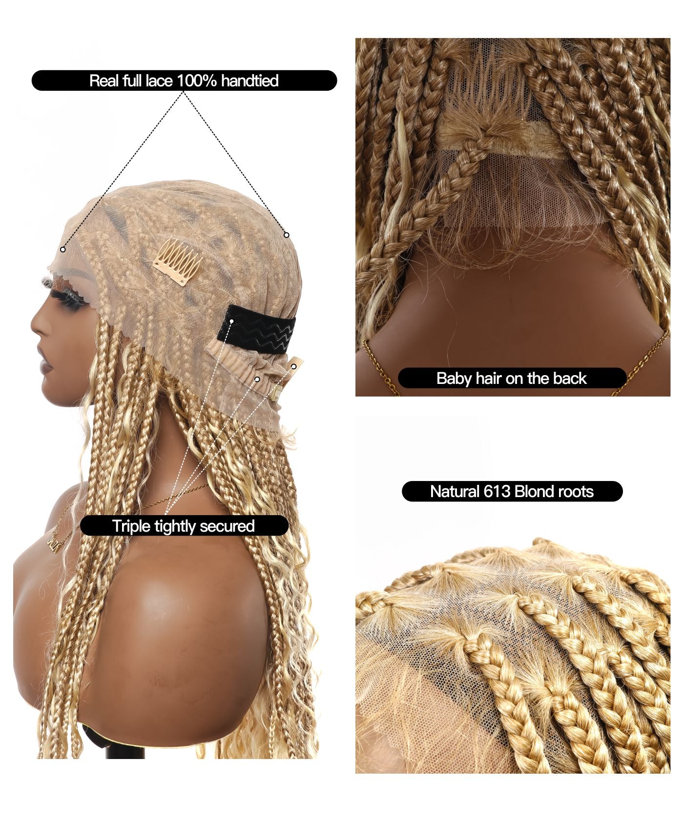 613 Color Square Base Human Hair Boho Curls Full Lace Knotless Boho Box Braided Wig 36" 86 Strands