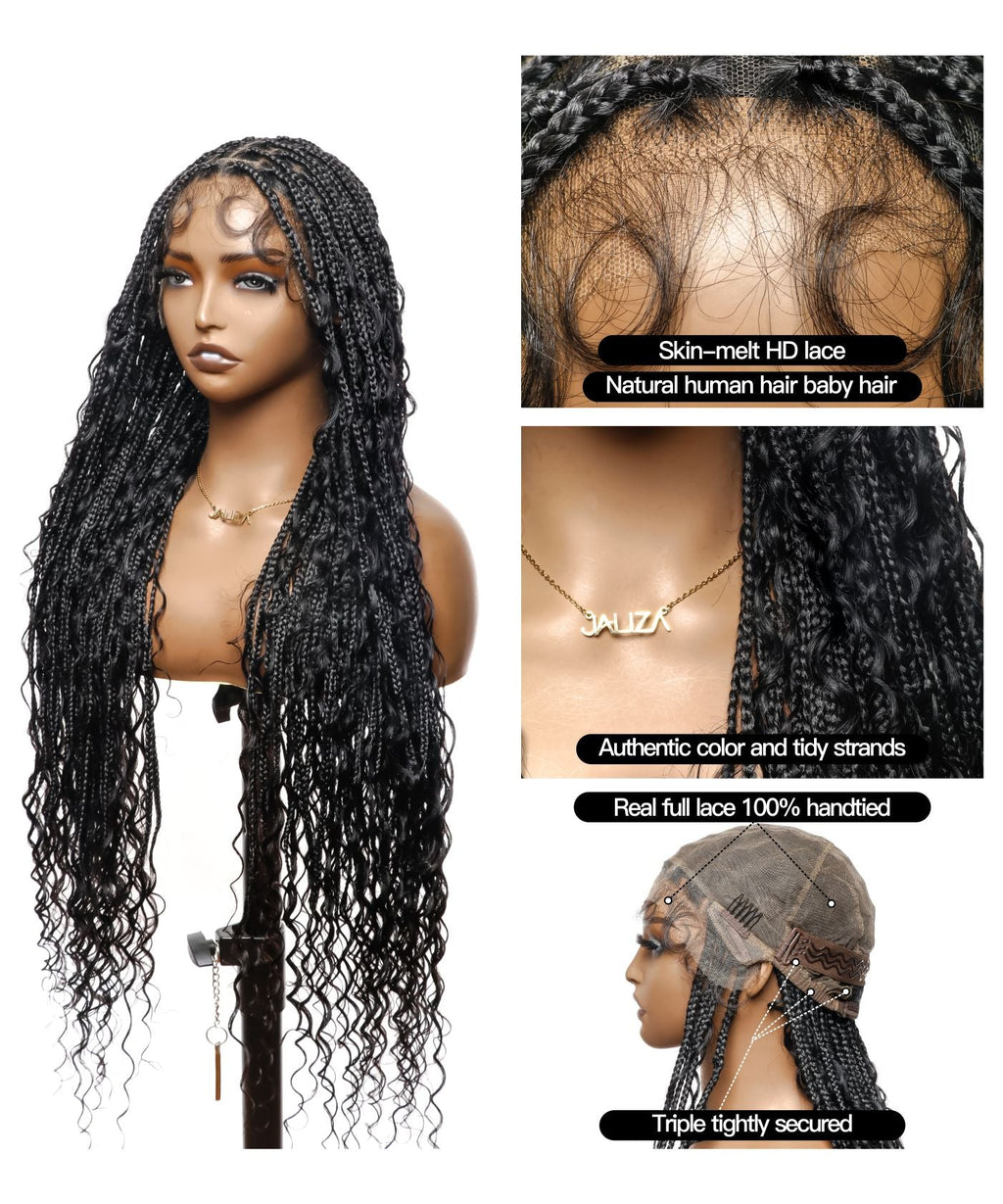 HD Full Lace Human Hair Boho Curls 36" Knotless Boho Box Braided Wig