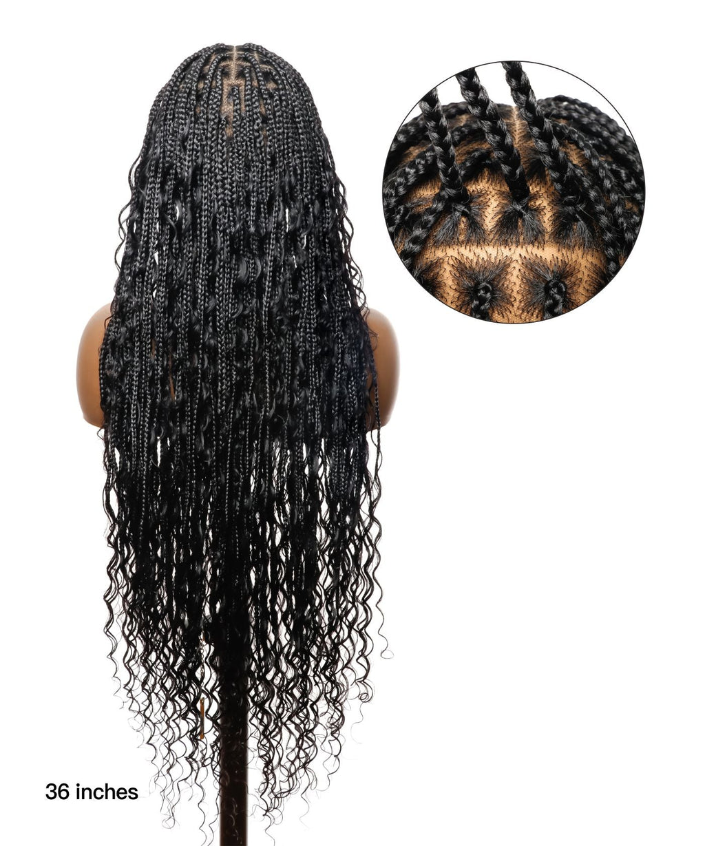 HD Full Lace Human Hair Boho Curls 36" Knotless Boho Box Braided Wig