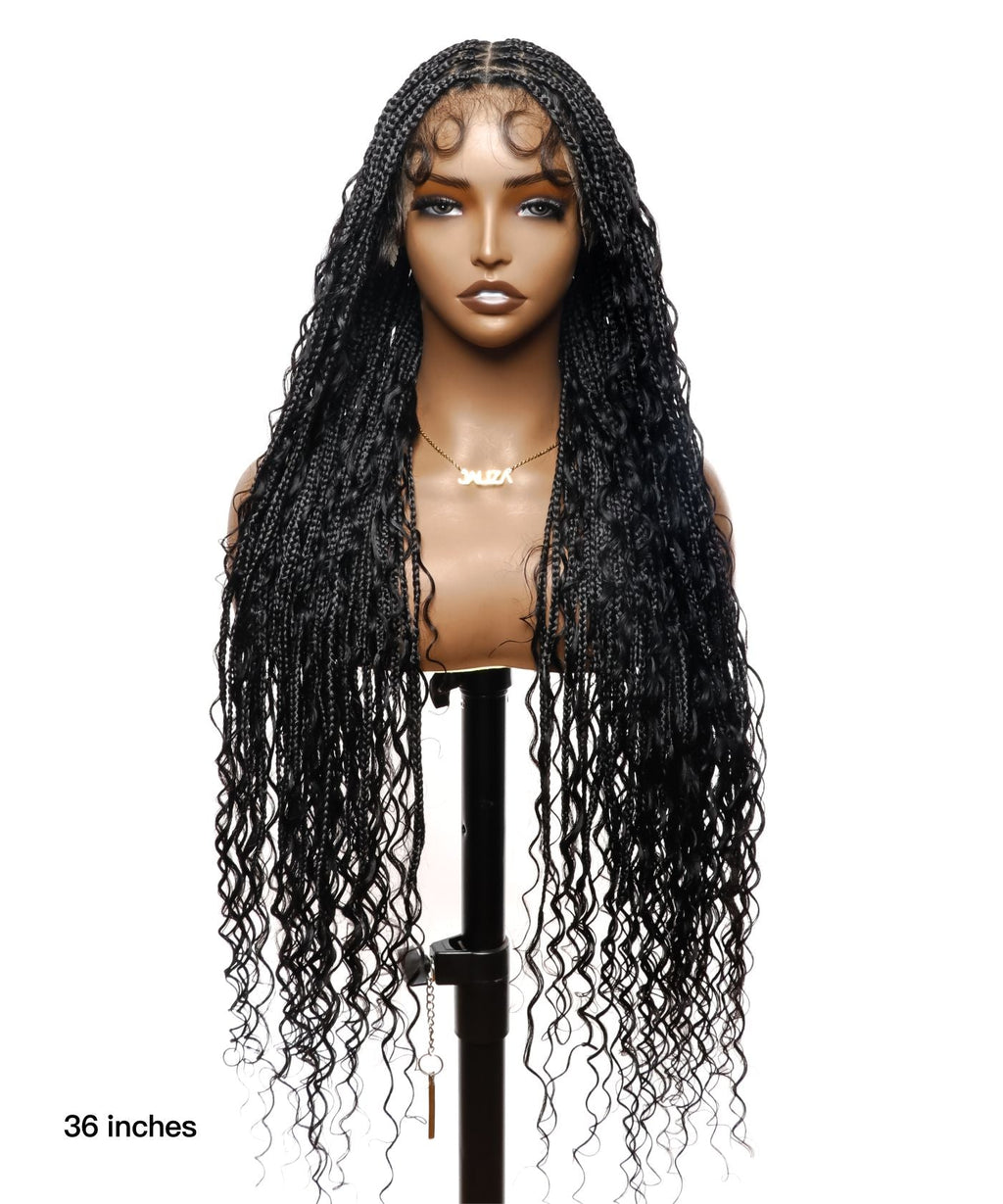 HD Full Lace Human Hair Boho Curls 36" Knotless Boho Box Braided Wig