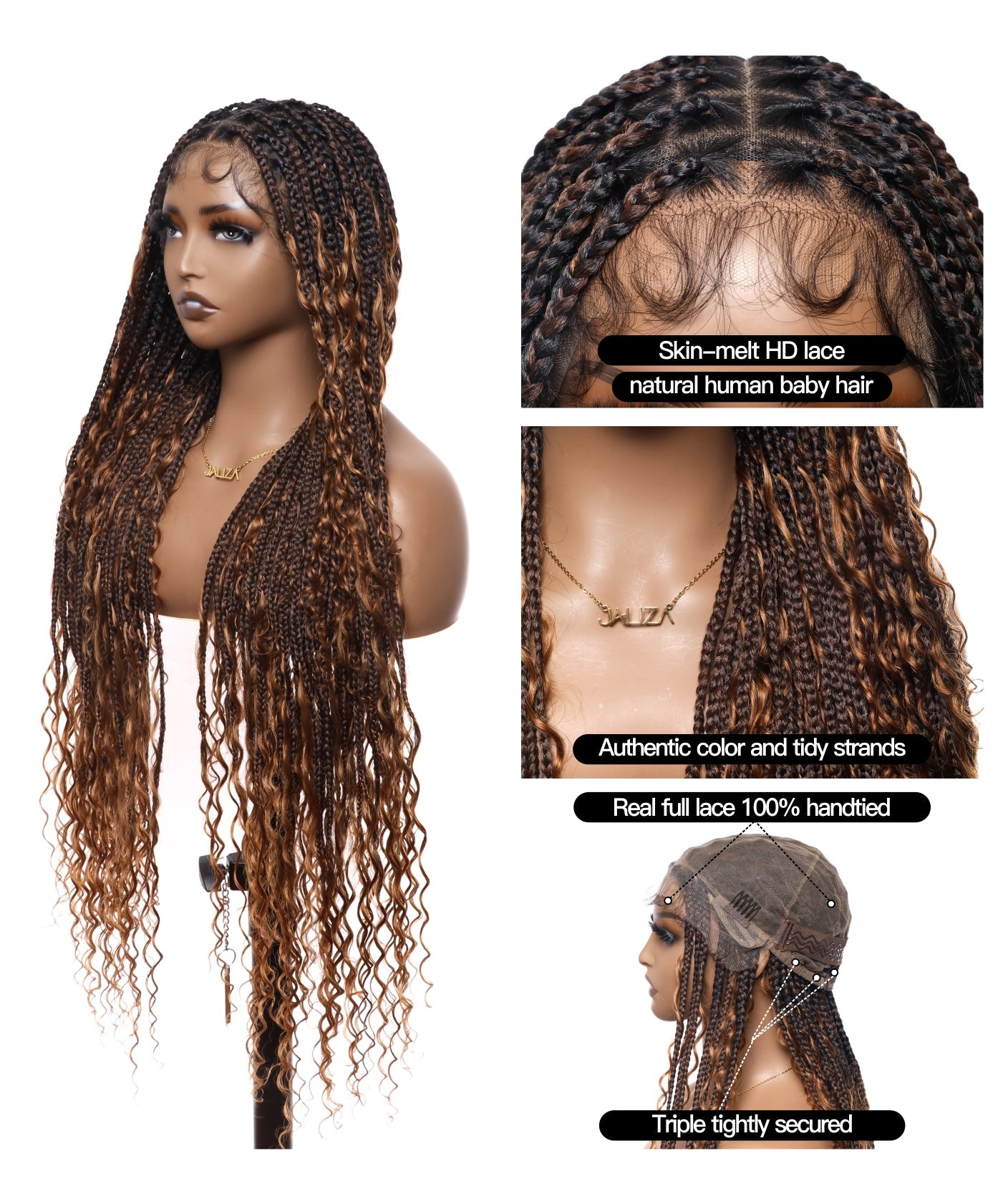 HD Full Lace Human Hair Boho Curls 36" Knotless Boho Box Braided Wig