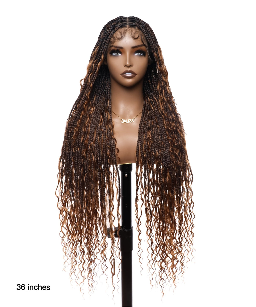 HD Full Lace Human Hair Boho Curls 36" Knotless Boho Box Braided Wig