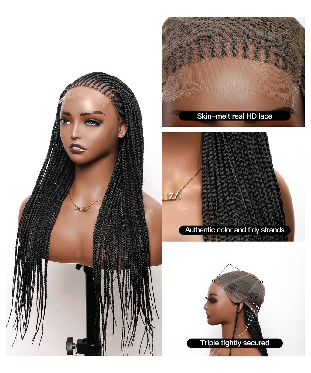 HD Lace Cornrow Box Braided Wig 26" Full Hand-tied 90 Strands - No Baby Hair