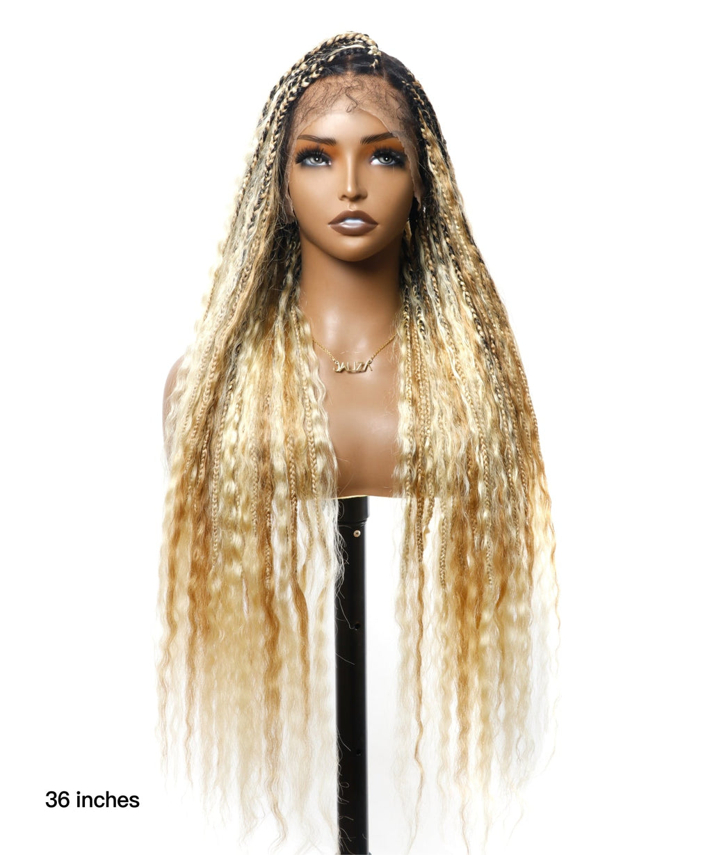 Human Hair Super Boho Color #27/613 Pre Bleached Human Hair Lace Knotless Boho Box Braided Wig Full-dense 100 Strands