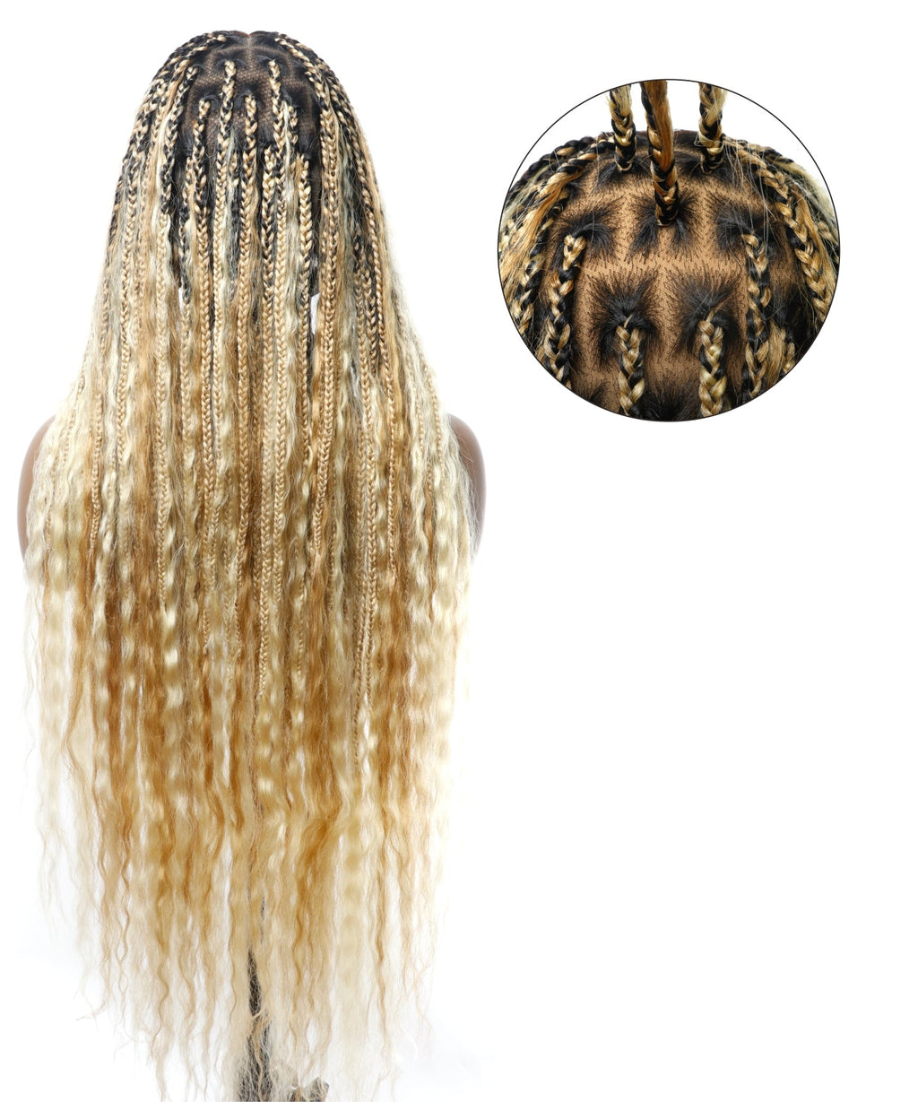 Human Hair Super Boho Color #27/613 Pre Bleached Human Hair Lace Knotless Boho Box Braided Wig Full-dense 100 Strands