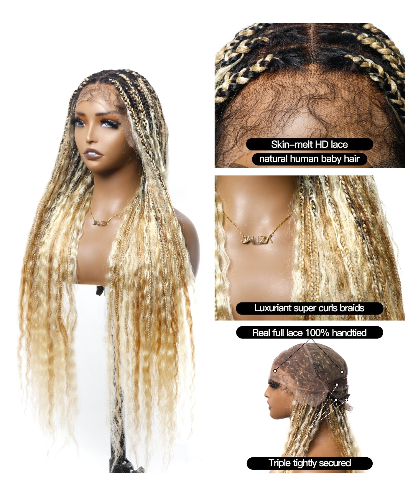 Human Hair Super Boho Color #27/613 Pre Bleached Human Hair Lace Knotless Boho Box Braided Wig Full-dense 100 Strands