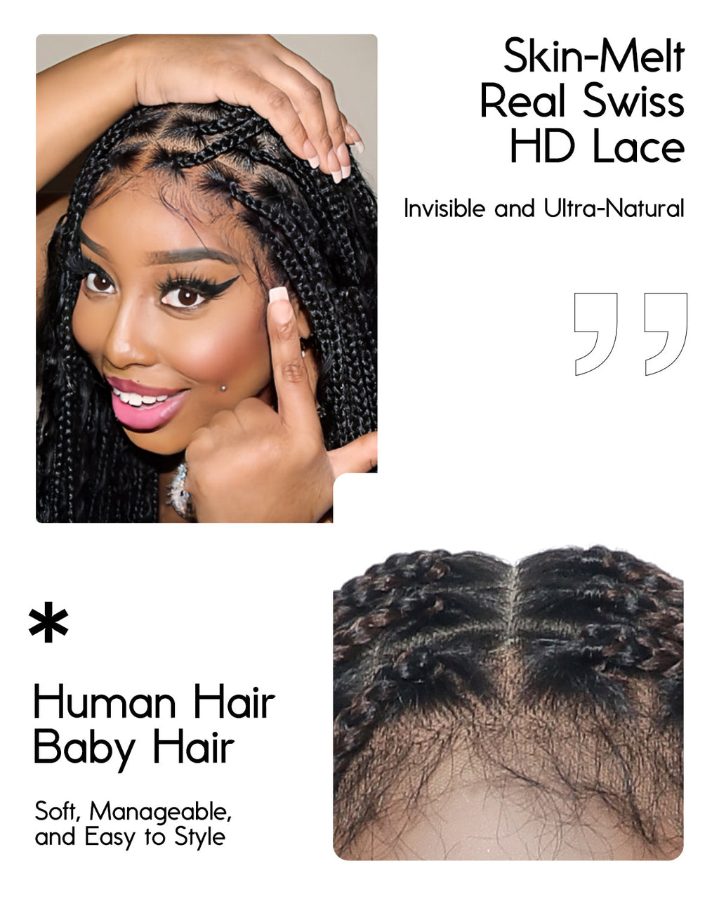 36" Human Hair Boho Curls HD Lace Knotless Box Braided Wig Full Hand-tied - Human Baby Hair