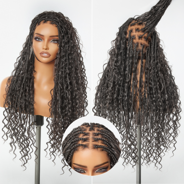 Readitress™ Light Weight Flexi-Fit Invisi Drawstring Cap Full Lace Knotless Boho Curls Braided Long Wig Super Natural Scalp