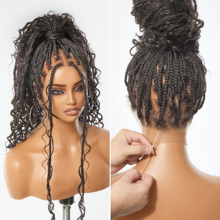 Readitress™ Light Weight Flexi-Fit Invisi Drawstring Cap Full Lace Knotless Boho Curls Braided Long Wig Super Natural Scalp