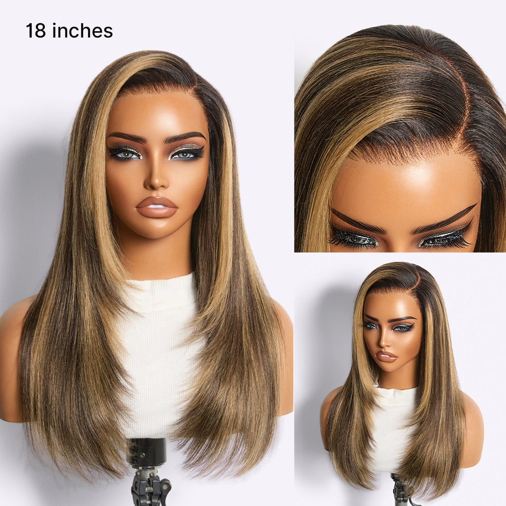 180% Density Blonde Highlight Butterfly Cut Layered Light Yaki Straight Glueless 7x6 Closure HD Lace Wig Pre-Cut Lace