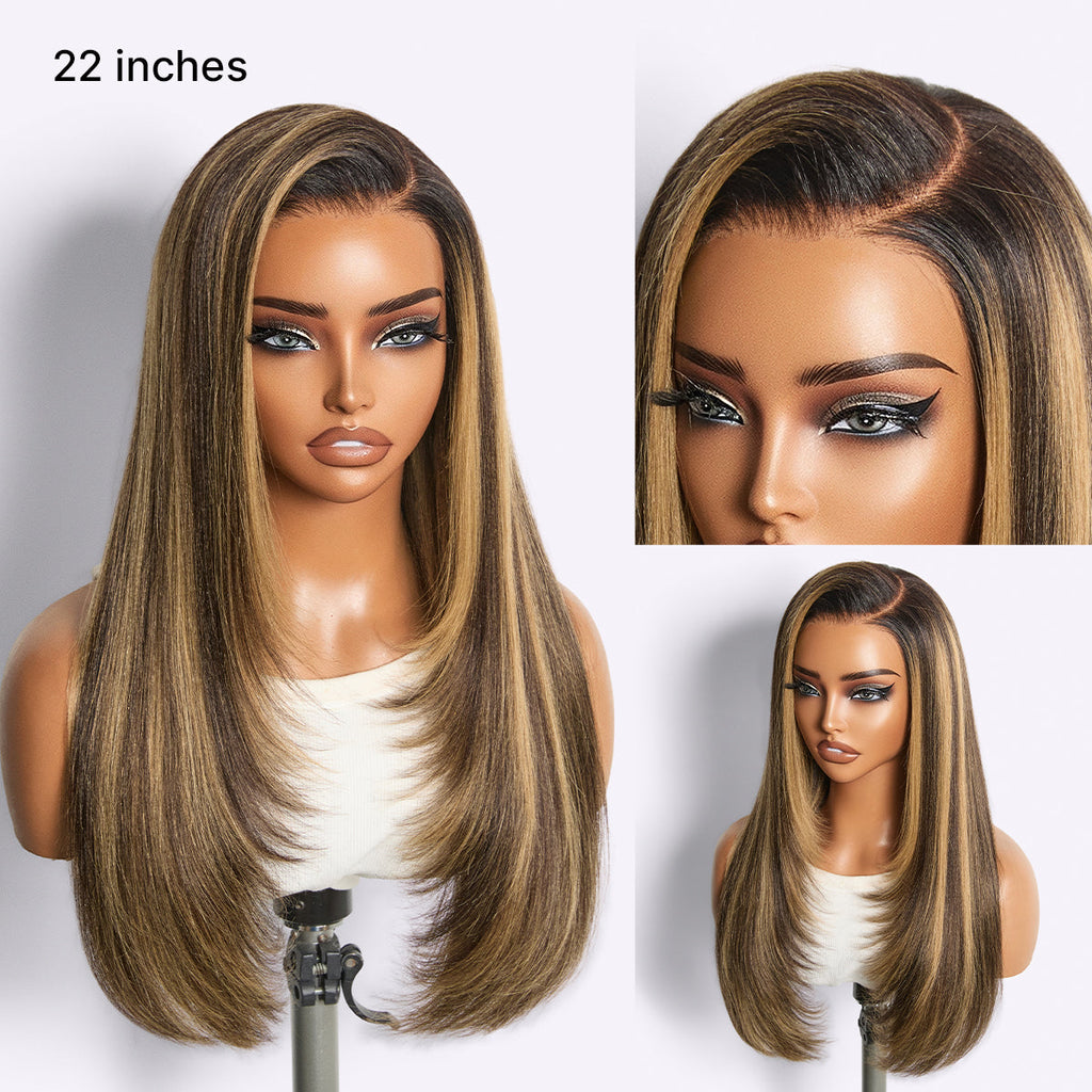 180% Density Blonde Highlight Butterfly Cut Layered Light Yaki Straight Glueless 7x6 Closure HD Lace Wig Pre-Cut Lace