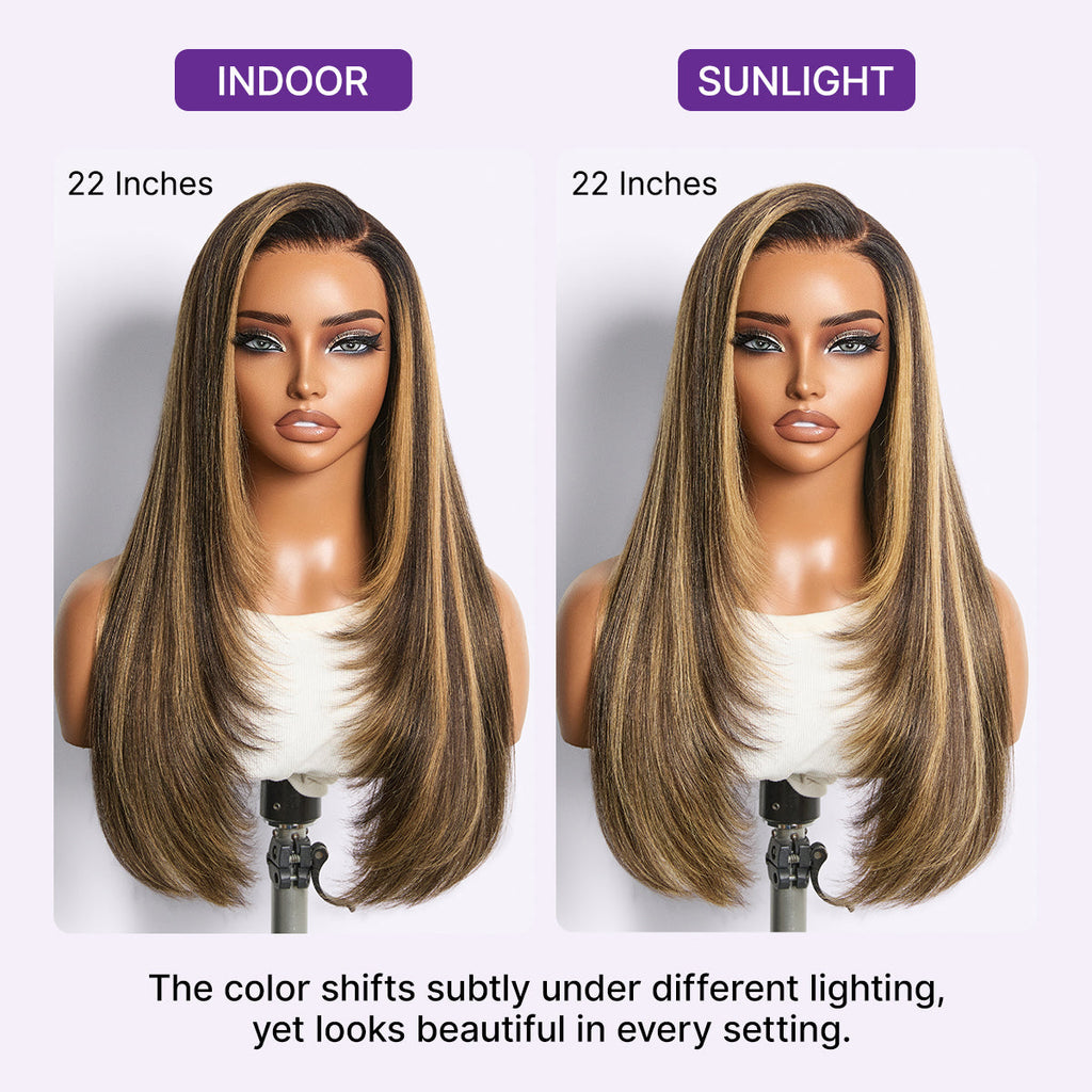 180% Density Blonde Highlight Butterfly Cut Layered Light Yaki Straight Glueless 7x6 Closure HD Lace Wig Pre-Cut Lace