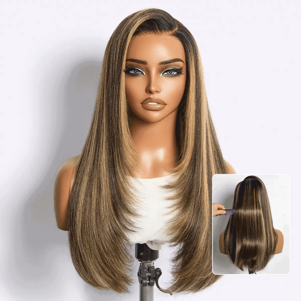 180% Density Blonde Highlight Butterfly Cut Layered Light Yaki Straight Glueless 7x6 Closure HD Lace Wig Pre-Cut Lace
