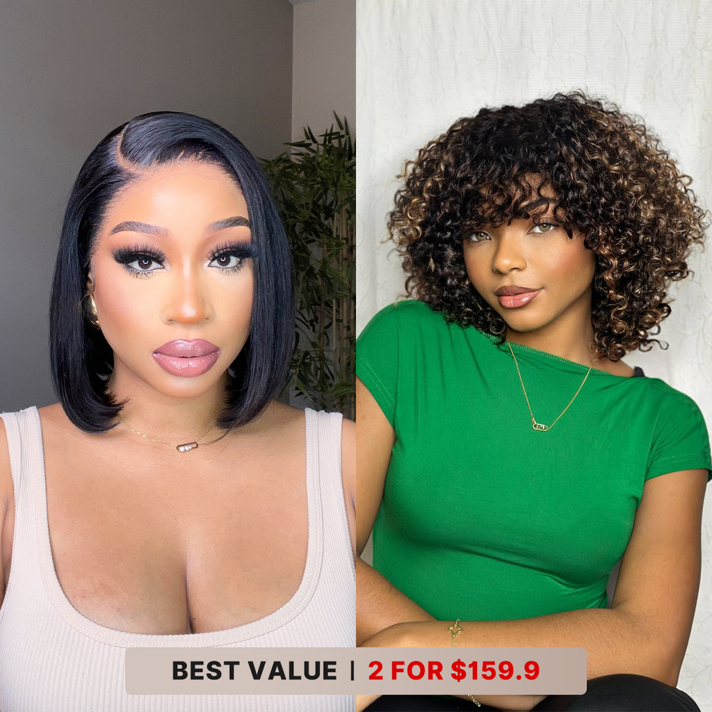 2 for $159.9 | 10 Inches Brown Highlight Water Wave Minimalist Lace Wig + 10 Inches Blunt Cut Glueless Minimalist HD Bob Wig No Code Needed