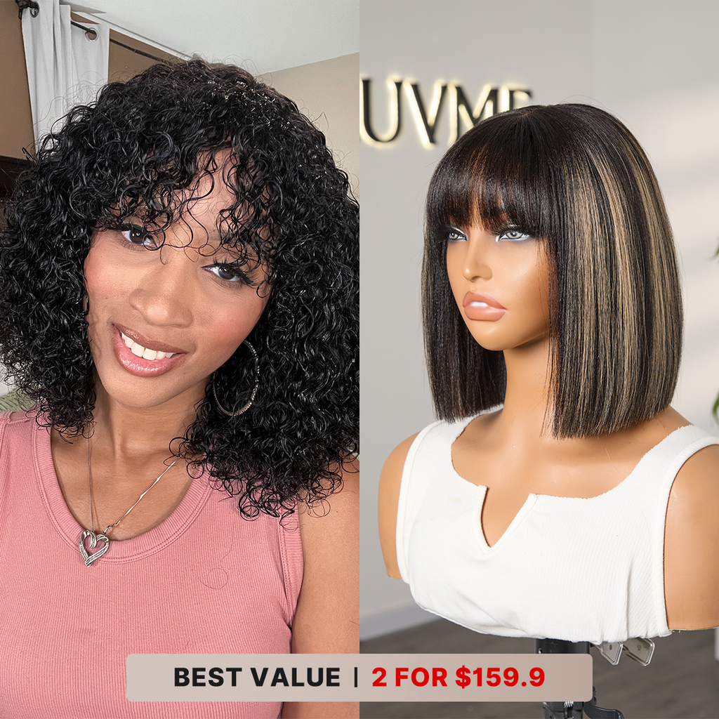 2 For $159.9 | 12 Inches Water Wave Minimalist Lace Curly Wig +10 Inches Blonde Highlight Yaki Straight Minimalist Lace Bob No Code Needed