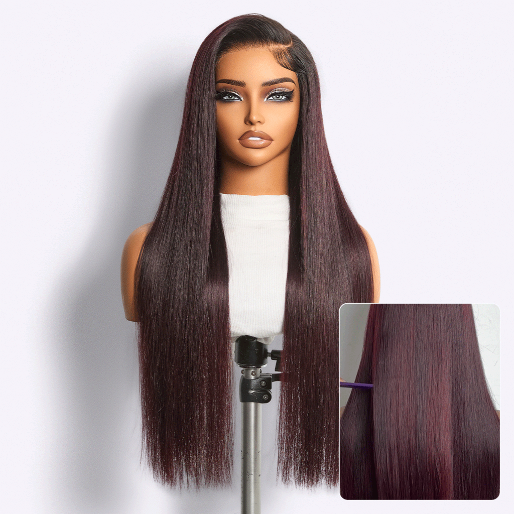 180% Density Rich Dark Plum Bone Straight with Baby Hair PartingMax Glueless 7x6 Closure HD Lace Wig Pre-Cut Lace