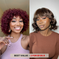 2 For $139.9 | 10 Inches Loose Wave Glueless Minimalist Lace Wavy Bob Wig+ 8 Inches Dark Red Water Wave Glueless Minimalist Lace Curly Wig No Code Needed