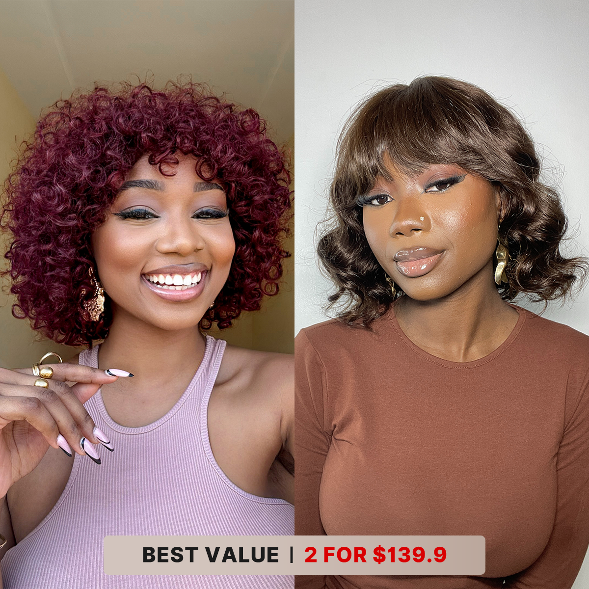 2 For $139.9 | 10 Inches Loose Wave Glueless Minimalist Lace Wavy Bob Wig+ 8 Inches Dark Red Water Wave Glueless Minimalist Lace Curly Wig No Code Needed