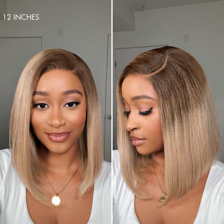 2 For $169.9 | 12 Inches Ash Blonde Ombre Blunt Cut Bob Minimalist HD Lace Wig+ 14 Inches Brown Ombre Loose Wave Minimalist HD Lace Glueless Short Wig No Code Needed