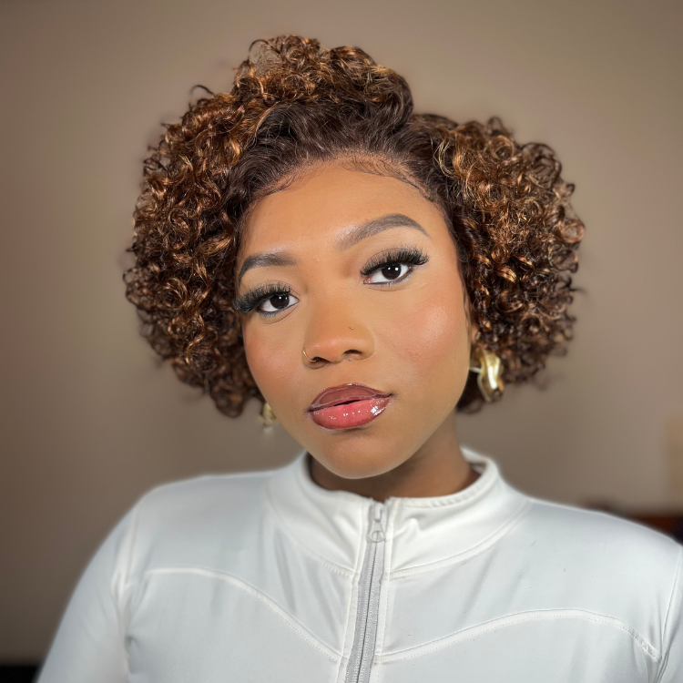 2 For $149.9 | 6 Inches Big Curly Glueless Ultra Comfort Cotton Cap Hair Wig + 10 Inches Brown Highlight Short Cut Wide T Lace Wig No Code Needed