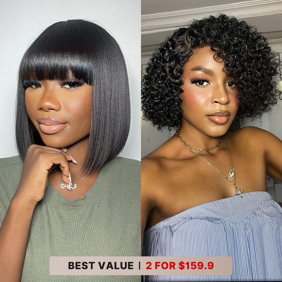 2 For $159.9 | 8 Inches Curly Minimalist Pre Cut HD Lace Wig + 10 Inches Yaki Straight Minimalist Lace Bob Wig