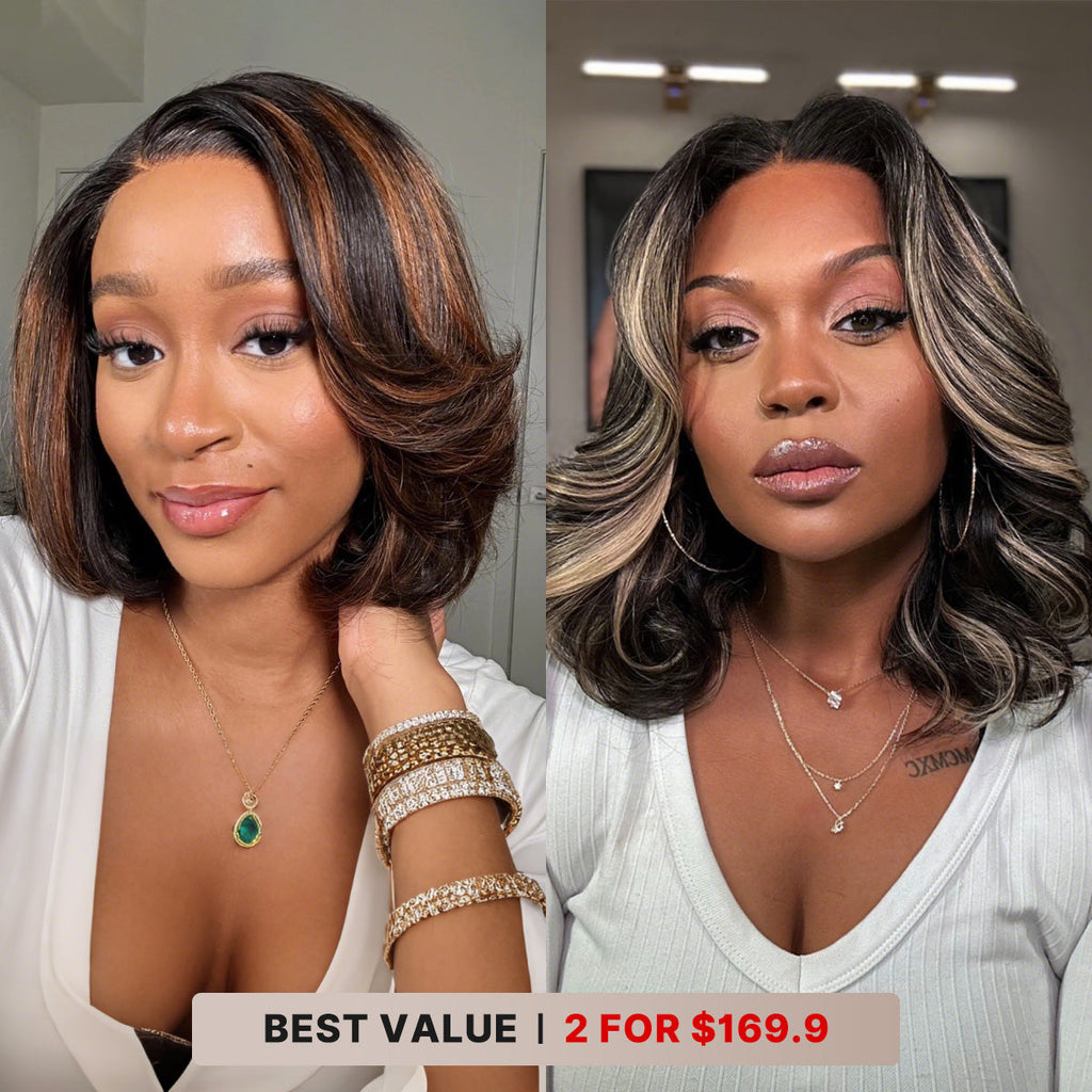 2 For $169.9 | 14 Inches Blonde Highlight Loose Wave Minimalist HD Lace Wig+ 10 Inches Brown Highlight Layered Bob 5x5 Lace Short Wig No Code Needed