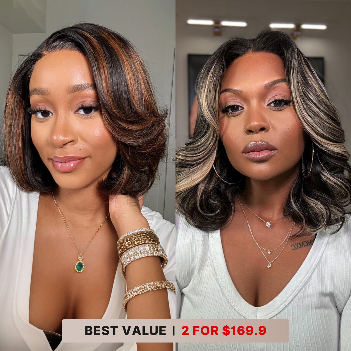 2 For $169.9 | 14 Inches Blonde Highlight Loose Wave Minimalist HD Lace Wig+ 10 Inches Brown Highlight Layered Bob 5x5 Lace Short Wig No Code Needed