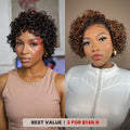 2 For $149.9 | 6 Inches Big Curly Glueless Ultra Comfort Cotton Cap Hair Wig + 10 Inches Brown Highlight Short Cut Wide T Lace Wig No Code Needed