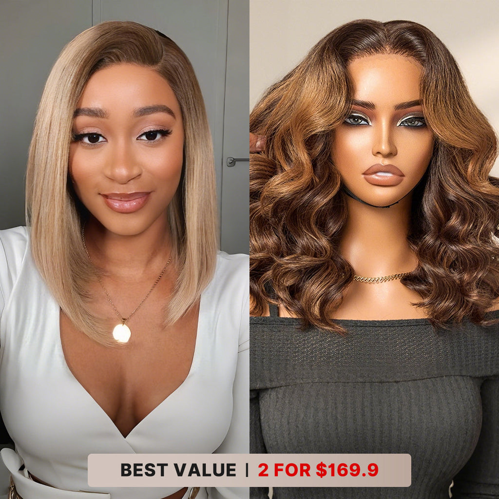 2 For $169.9 | 12 Inches Ash Blonde Ombre Blunt Cut Bob Minimalist HD Lace Wig+ 14 Inches Brown Ombre Loose Wave Minimalist HD Lace Glueless Short Wig No Code Needed