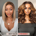 2 For $169.9 | 12 Inches Ash Blonde Ombre Blunt Cut Bob Minimalist HD Lace Wig+ 14 Inches Brown Ombre Loose Wave Minimalist HD Lace Glueless Short Wig No Code Needed