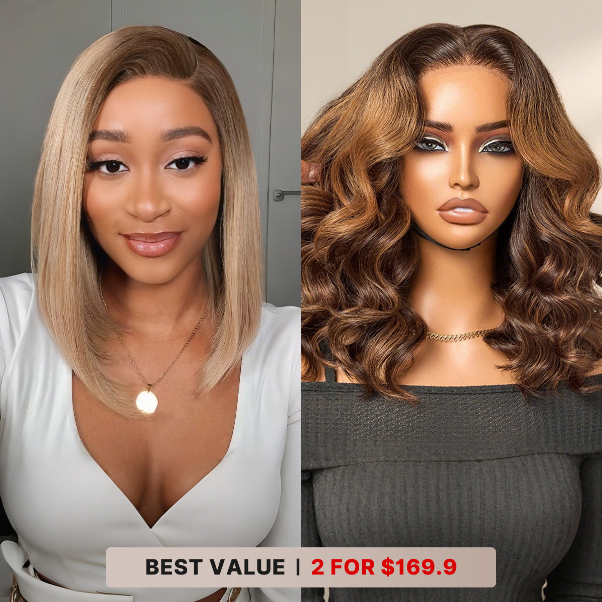 2 For $169.9 | 12 Inches Ash Blonde Ombre Blunt Cut Bob Minimalist HD Lace Wig+ 14 Inches Brown Ombre Loose Wave Minimalist HD Lace Glueless Short Wig No Code Needed