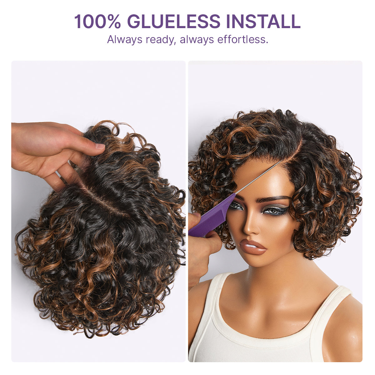 Brown Highlight Water Wave Pixie Cut Glueless Minimalist HD Lace Short Curly Wig