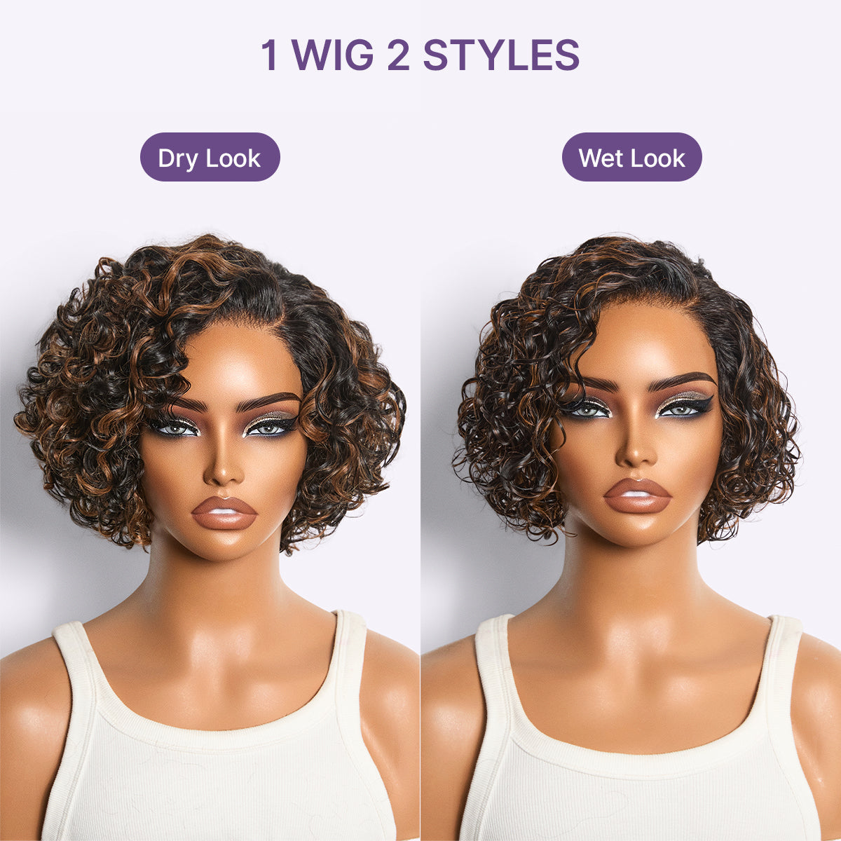 Brown Highlight Water Wave Pixie Cut Glueless Minimalist HD Lace Short Curly Wig